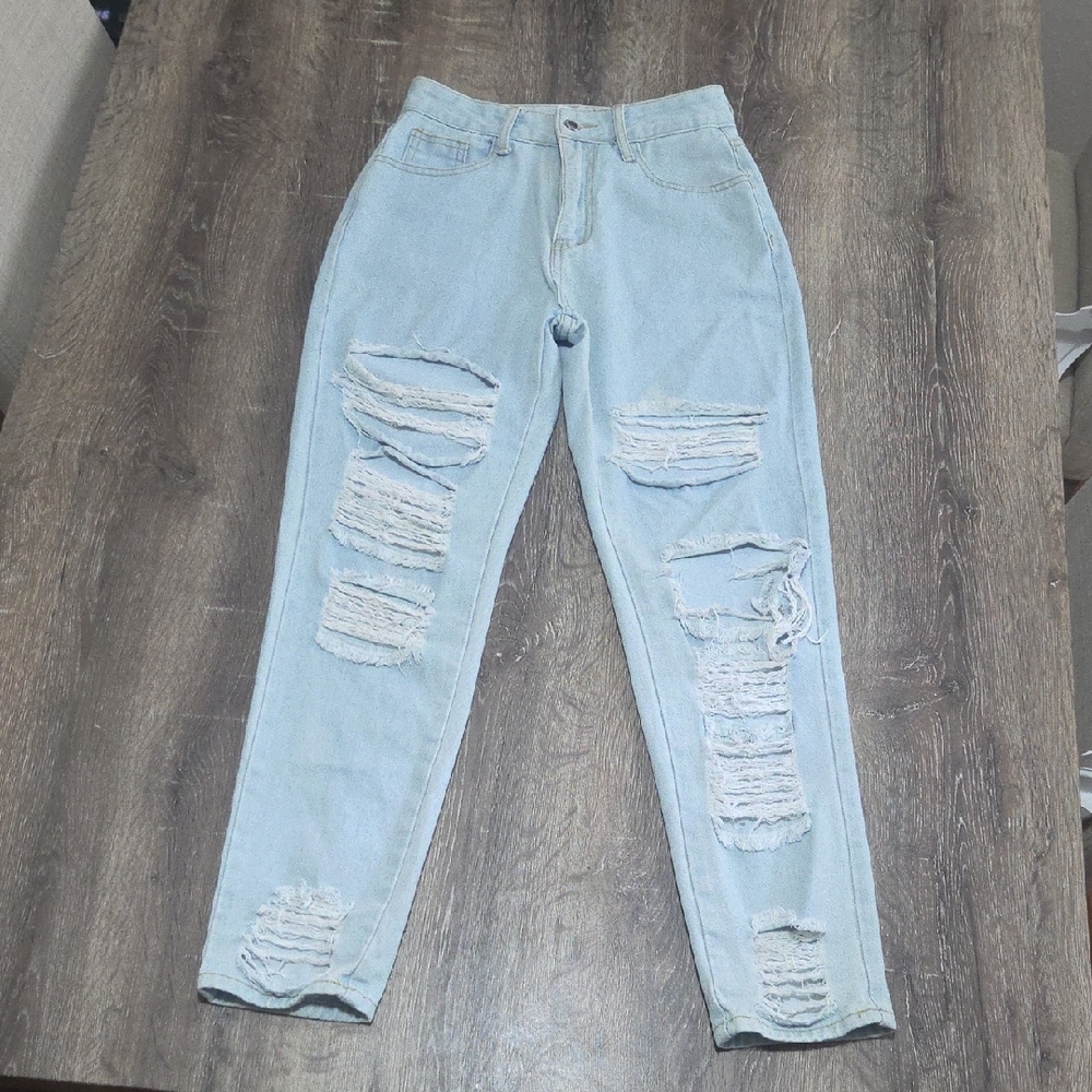 Palmer Heritage Light Blue Ripped Denim Relaxed Taper Leg Mom Jeans XS